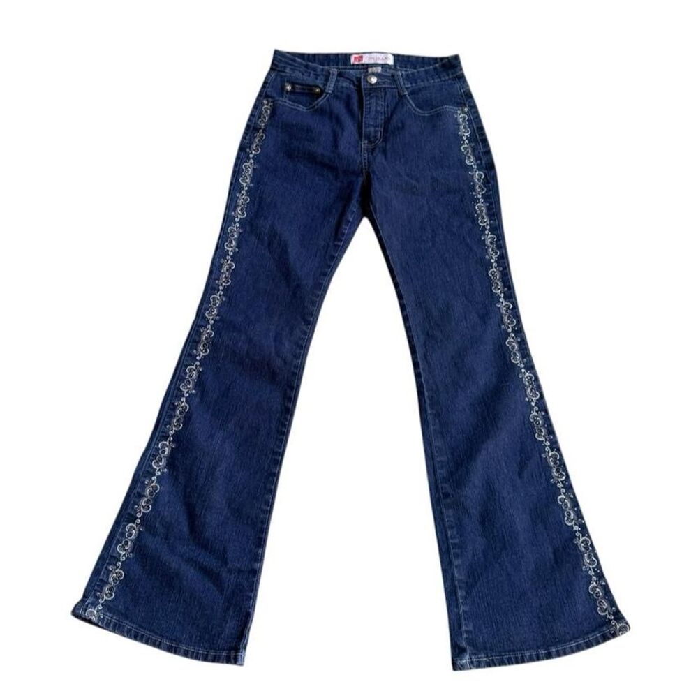 Y2K COS Jeans Navy Blue Embroidered Flare Jeans Size 4